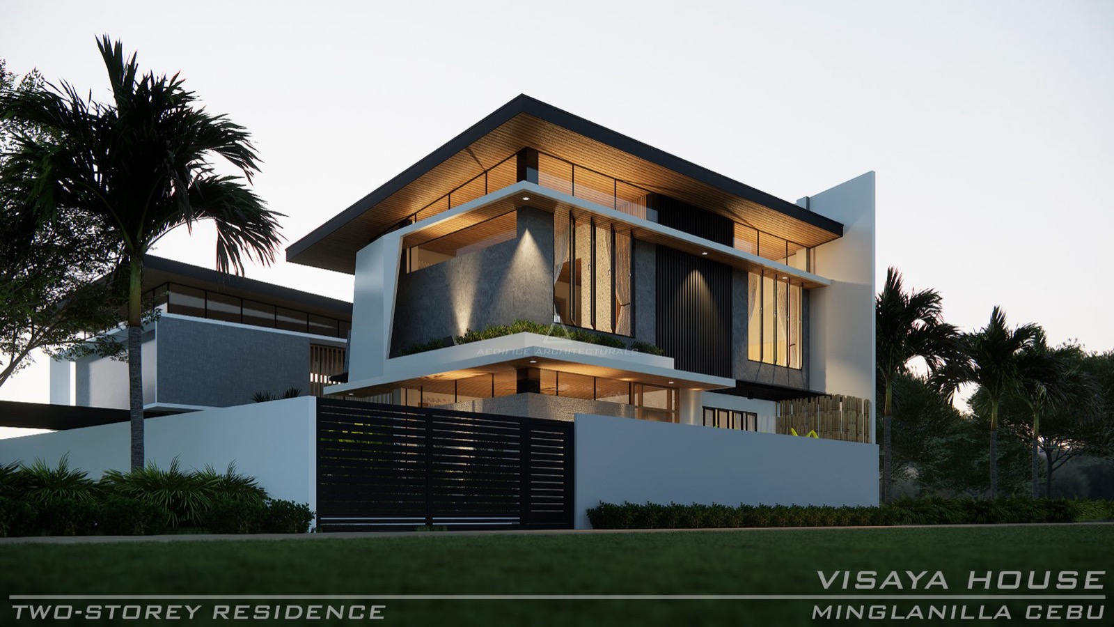 Render of the Visaya House at dusk, a two-storey modern home planned in the hills of Minglanilla